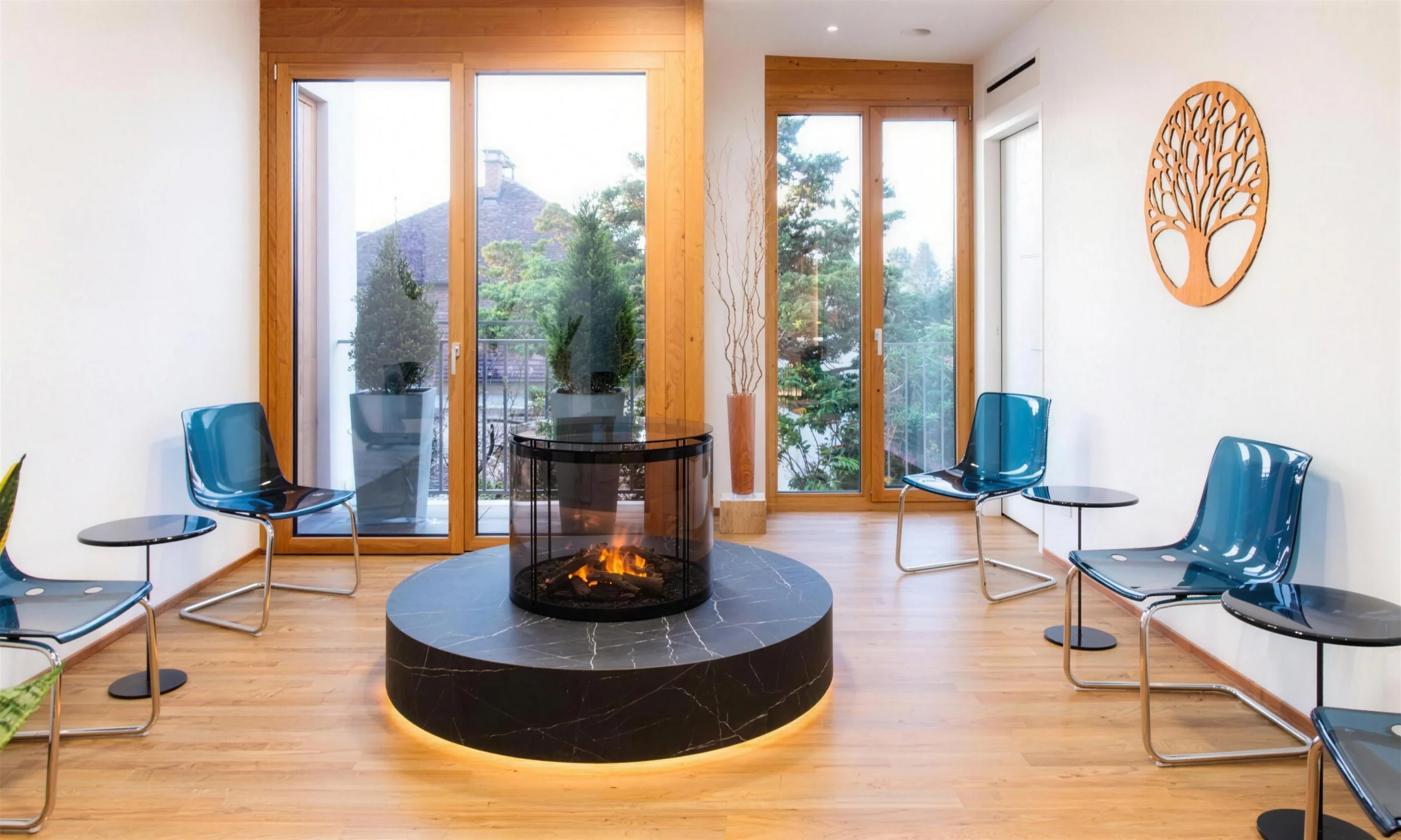 Wartezimmer mit rundem Kamin und Blick ins Grüne